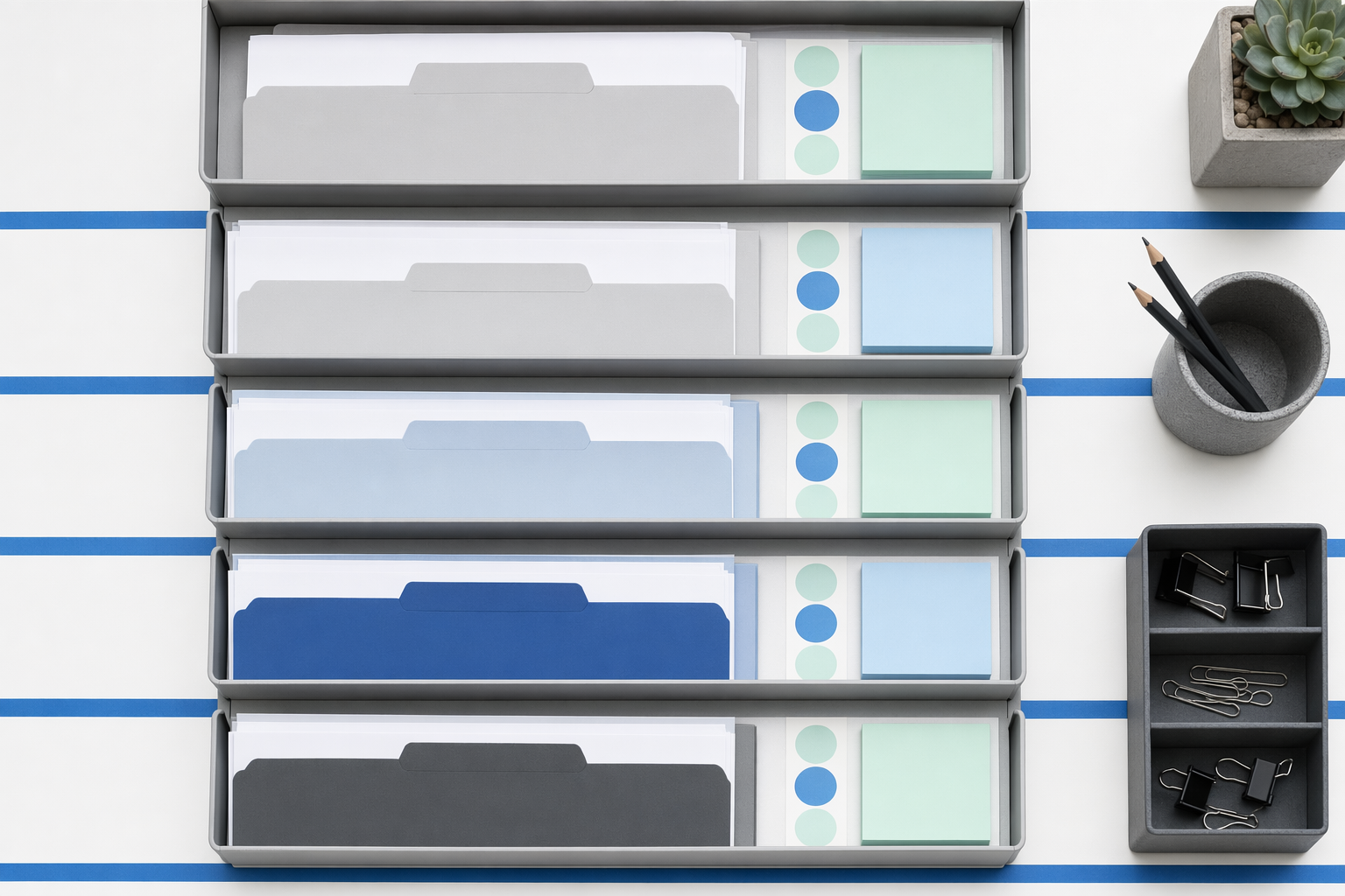 Top-down admin tray lanes: stacked document trays divided into swimlanes by blue tape with status dot stickers and folder tabs.