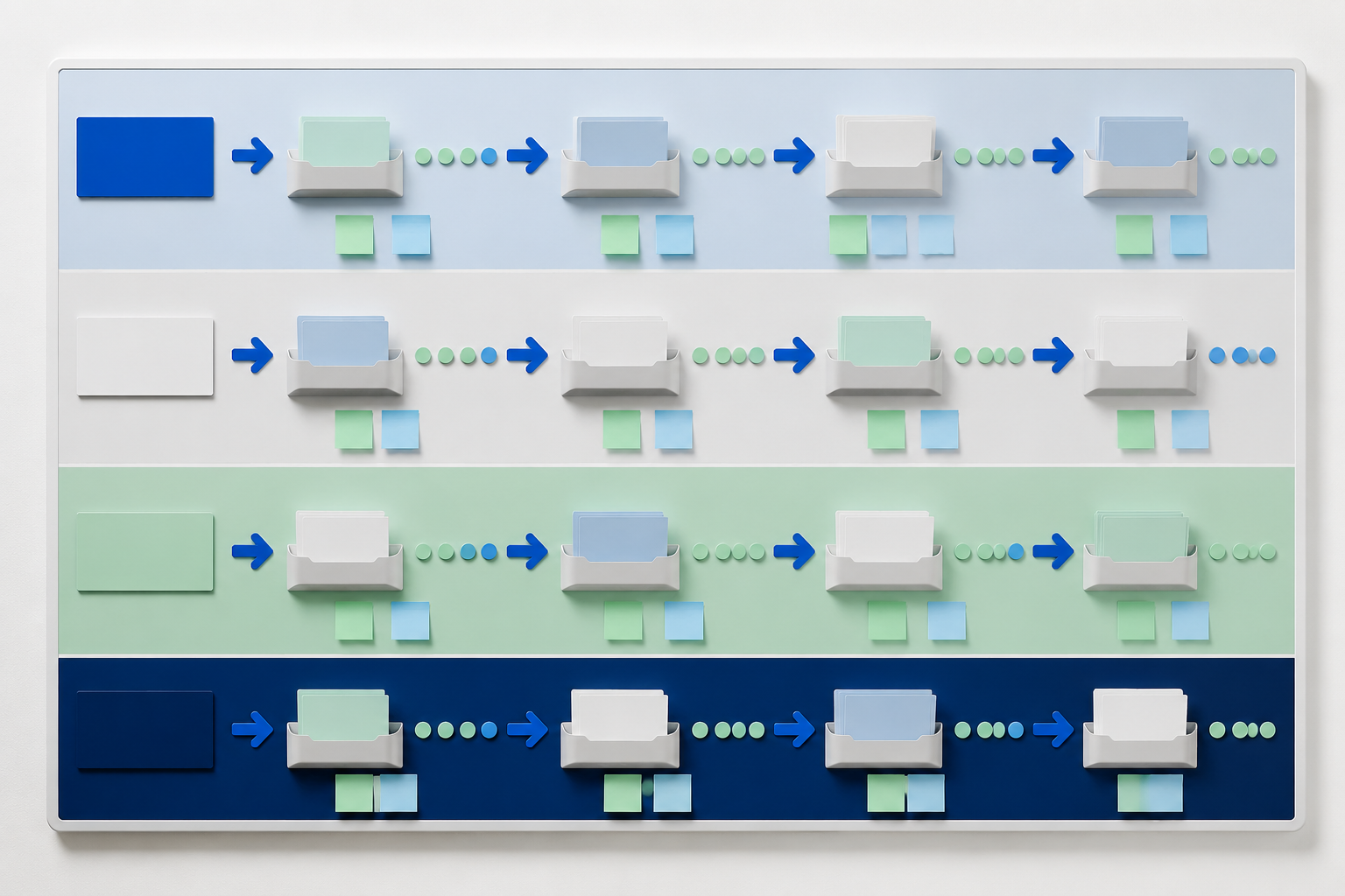 A finished flow board output wall: four coloured swimlanes with process-blue arrows, mounted file trays and rows of status dots.