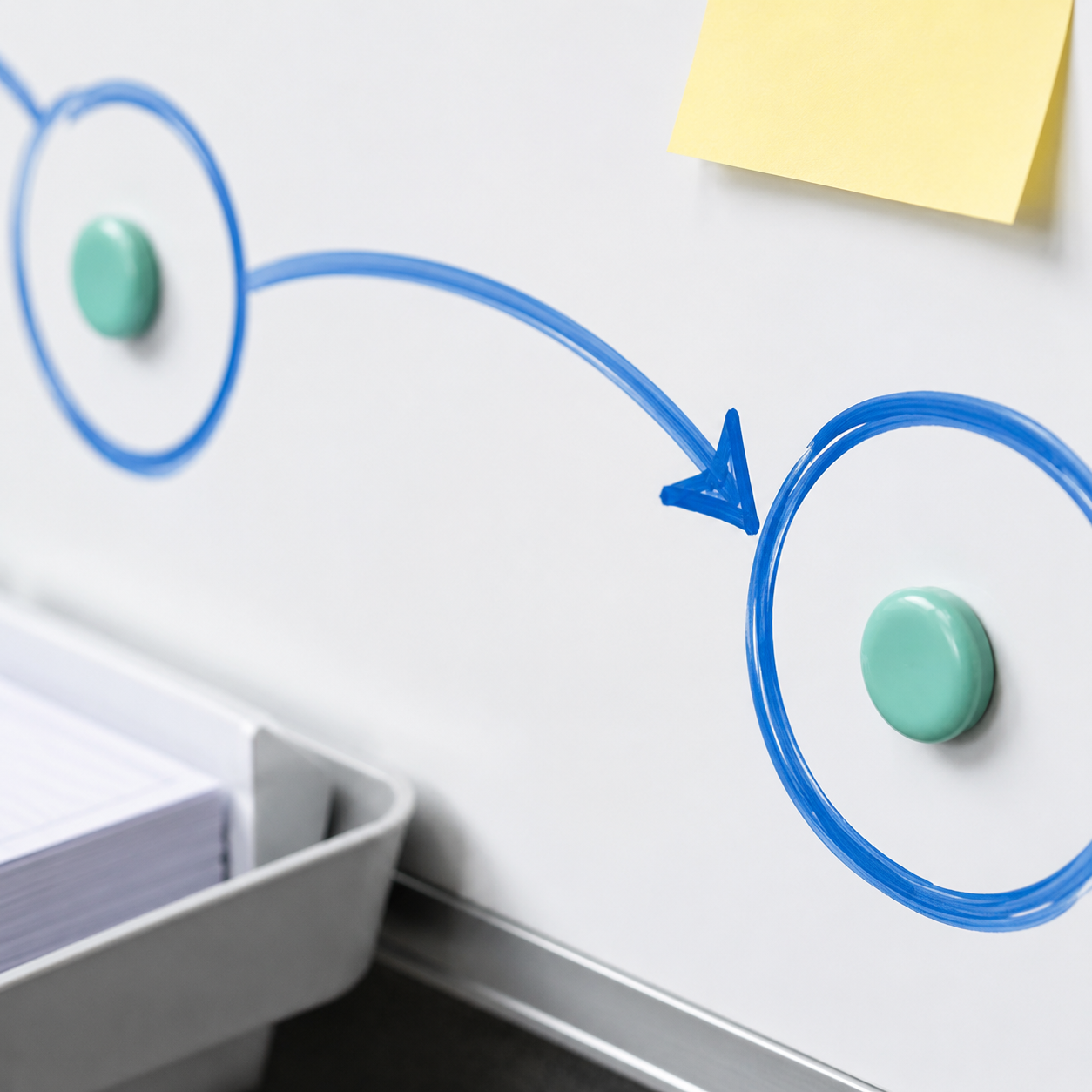 Close-up of a meeting board section: a process-blue arrow between two nodes with mint status dots and a small document tray.